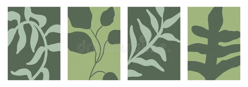 Minimalistisk botanisk illustration med abstrakta plansilhuetter i naturliga gröna toner. Modern naturinspirerad stock illustrationer