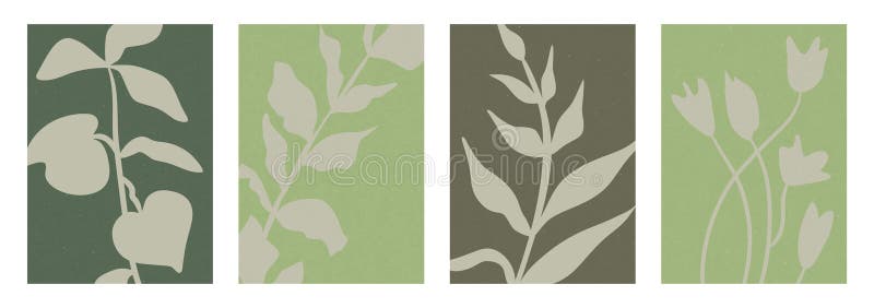 Minimalistisk botanisk illustration med abstrakta plansilhuetter i naturliga gröna toner. Modern naturinspirerad stock illustrationer