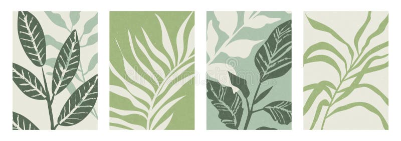Minimalistisk botanisk illustration med abstrakta plansilhuetter i naturliga gröna toner. Modern naturinspirerad vektor illustrationer