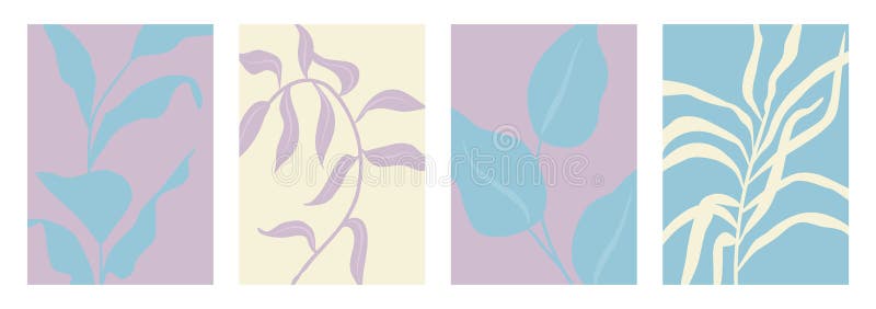 Minimalistisk botanisk illustration som innehåller abstrakta växtsilhuetter i mjuka pastellfärger. Modern naturinspirerad vektor illustrationer