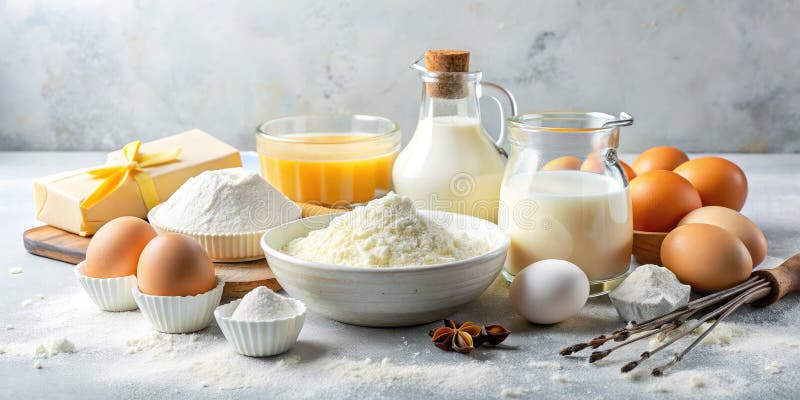 Minimalistisk förpackning av essentiella ämnen Mjöl Sugar Butter och Vanilla A enkel Recept Foundation for Delicious Treats royaltyfri illustrationer