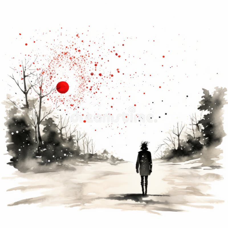 Minimalistisk gåtfull illustration : kvinna som går i snö med rödstänk målning vektor illustrationer