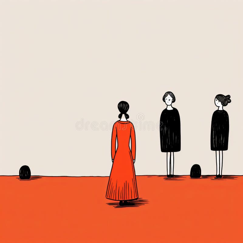 Minimalistisk gåtfull illustration : Kvinnor i orange klänningar med en liten figur vektor illustrationer