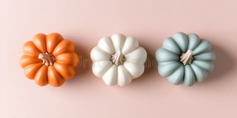 Minimalistisk höstvisning av dekorativa orange vita och blå gröna pumpor royaltyfri illustrationer