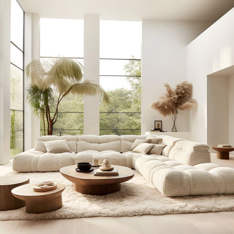 Minimalistisk inredningsdesign i det moderna vardagsrummet. villa med hörntuftad modulärt soffa. ai stock illustrationer