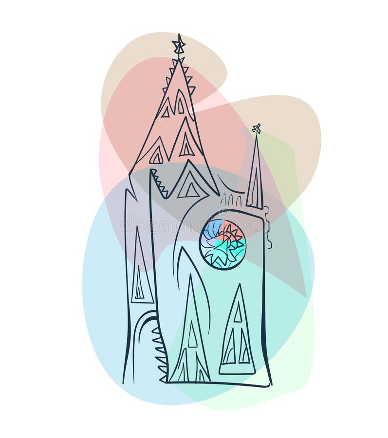 Minimalistisk katedral i linje med färglöst rosettfönster av rostfritt glas på ett genomskinligt, delikat royaltyfri illustrationer