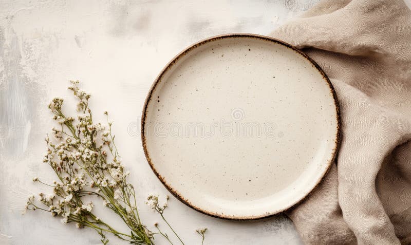 Minimalistisk plåt med blommor och tyg elegant design neutrala färger Rustik charm perfekt för bordsinställning royaltyfria bilder
