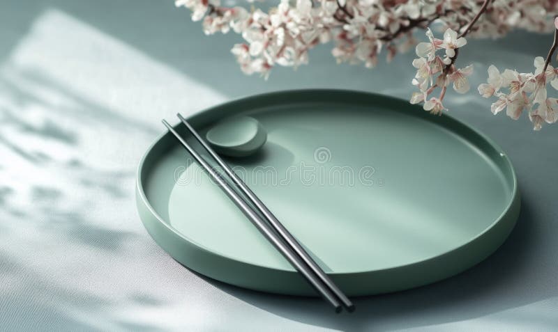 Minimalistisk plåt med chopsticks och körsbärsblommor mjuka pastellfärger ger naturlig lätt elegant sammansättning arkivbilder