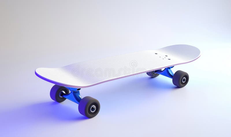 Minimalistisk skateboard-design med blå lastbilar och vita däck på övertoningsbakgrund arkivfoto