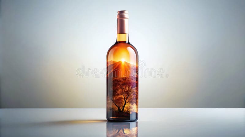Minimalistisk tappning av vinflaskor som ger en AI-konst med dubbel exponering för modern utformning av lyxförpackningar royaltyfri illustrationer