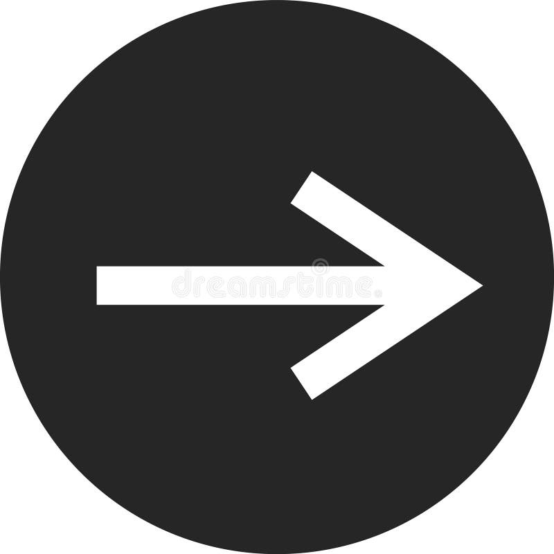 Minimalistisk vektorbild av en vit pil som pekar till höger innesluten i en mörkgrå cirkel som omger riktning royaltyfri illustrationer