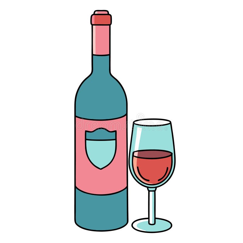 Minimalistisk vinflaska och glas med rosa och teala accenter som illustration royaltyfri illustrationer