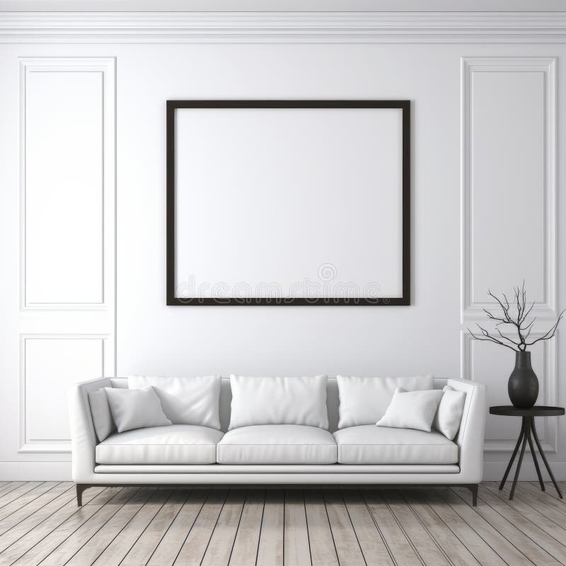 Minimalistisk vit soffa med tom ram på vit vägg royaltyfri illustrationer