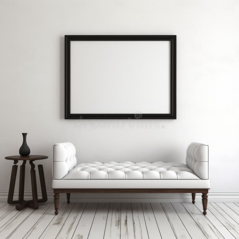 Minimalistiskt gotiskt sovrum med vit soffa och tom ram stock illustrationer
