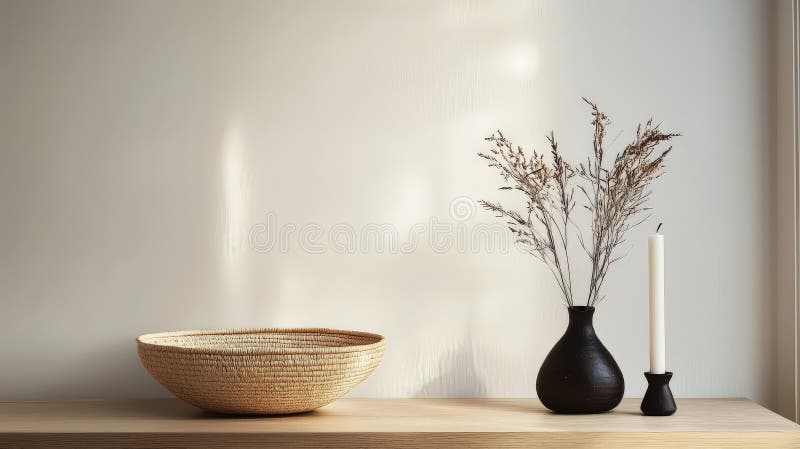 Minimalistiskt hemdäck Torkade blommor och ljus i packningen av textilvävnad royaltyfri illustrationer