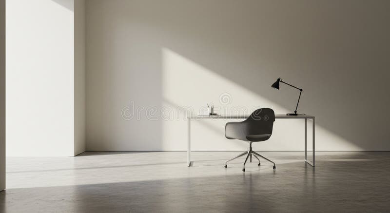Minimalistiskt rum med ett slimmat, modernt skrivbord med en svart rullstol. Skrivbordet stock illustrationer