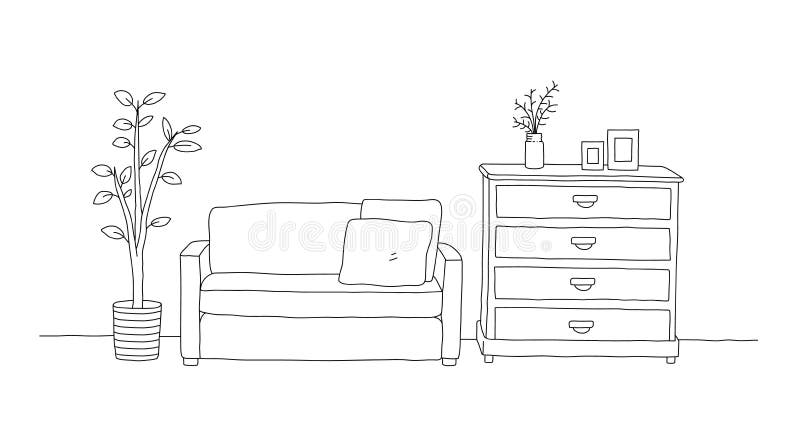 Minimalistmöbler för invändig soffa med bröstkorg på lådor, bord och invändig växel vektor illustrationer