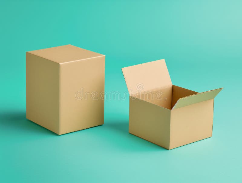 Two plain cardboard boxes, one closed and one open, on a solid teal background symbolizing concepts of packaging, storage, and delivery. AI generated. Two plain cardboard boxes, one closed and one open, on a solid teal background symbolizing concepts of packaging, storage, and delivery. AI generated
