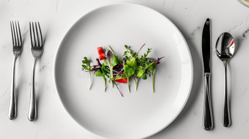 Minimalistplatta för mikrogreener med modern bordsinställning. En minsta platta med mikrogreens presenteras i en modern bordsinställning. Den eleganta, vita plattan och silverware-kontrast mot den lilla porten med elegant men enkel matupplevelse. ai genererad