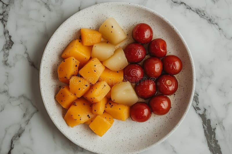 Minimalistplatta med diced cantaloupe cherry Tomater och päronbitar som smaksatts med svart peppar royaltyfri fotografi