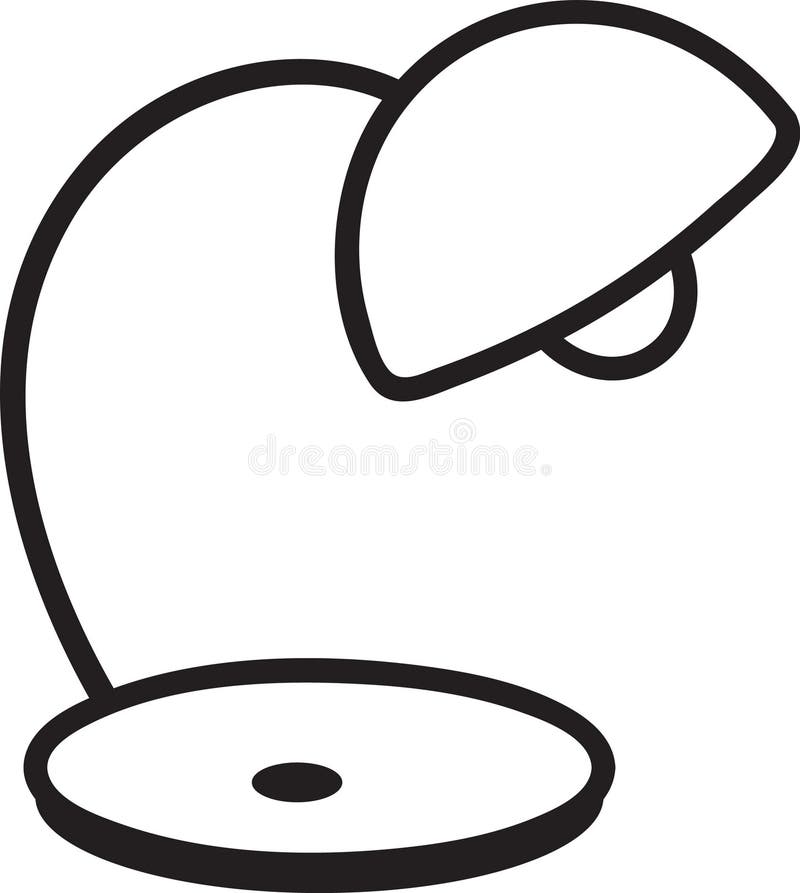 Minimalistyczna grafika przedstawiająca stylową lampę biurkową z zakrzywionym ramieniem i okrągłą podstawą emitującą skupioną wiąz royalty ilustracja