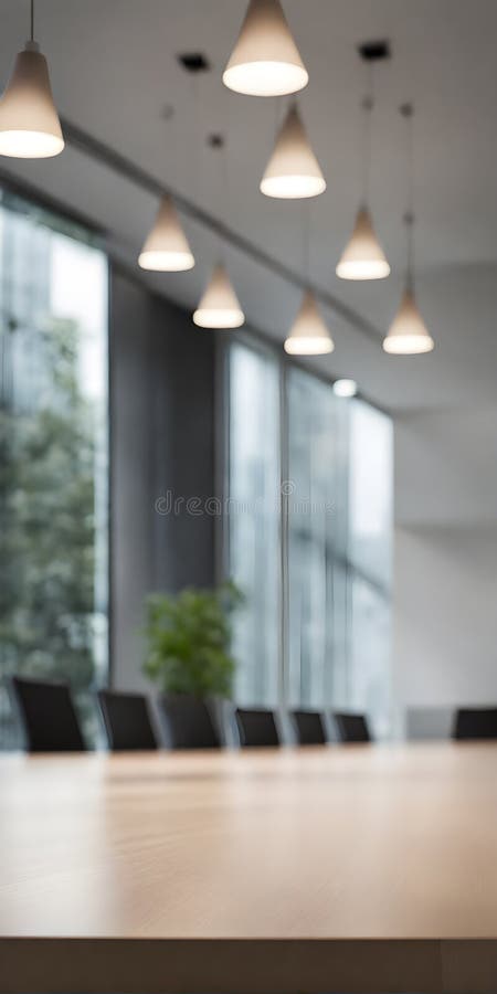 Minimalist business meeting room captured with selective focus on sleek conference table, with blurred participants in background. Vertical. Minimalist business meeting room captured with selective focus on sleek conference table, with blurred participants in background. Vertical