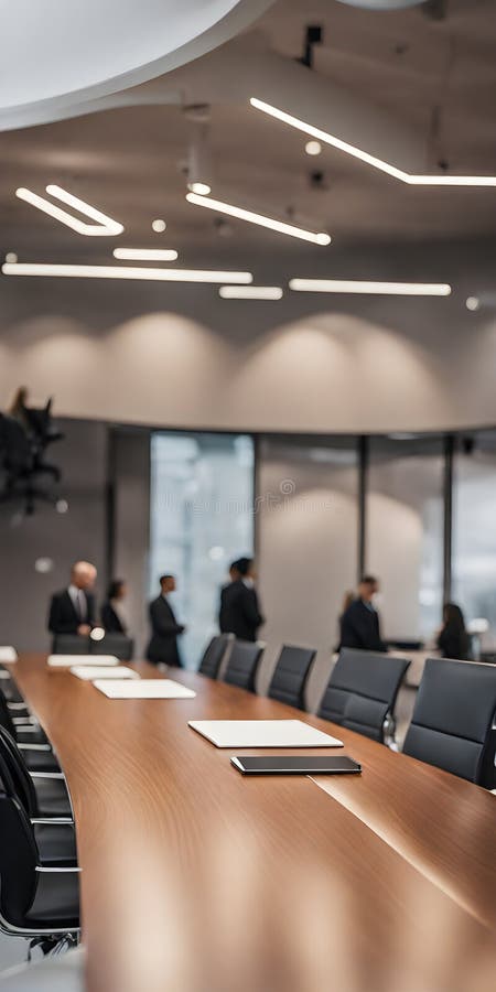 Minimalist business meeting room captured with selective focus on sleek conference table, with blurred participants in background. Vertical. Minimalist business meeting room captured with selective focus on sleek conference table, with blurred participants in background. Vertical