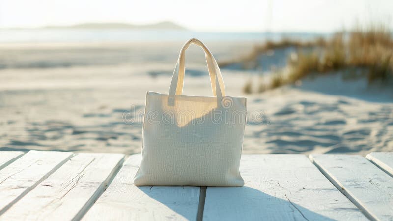 Minimalistyczna scena plażowa z ekologiczną torebką w słoneczny dzień. Ekologiczna torba na plaży zdjęcia stock