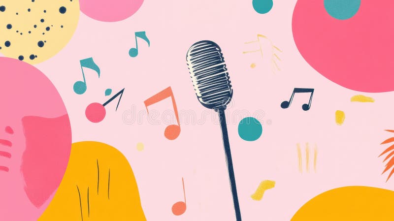 Minimalistyczne k pop inspirowane tłem z żywymi nutami muzycznymi i mikrofonem do kreatywnych projektów. obraz stock