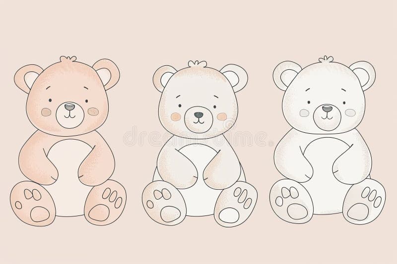 Minimalistyczne rysunki liniowe słodkich misiów na miękkim tle pastelowym royalty ilustracja