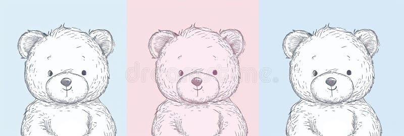 Minimalistyczne rysunki liniowe słodkich misiów na miękkim tle pastelowym ilustracji