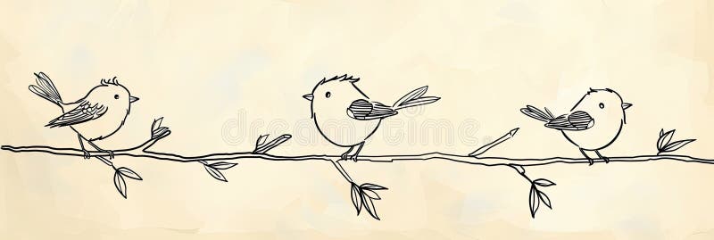 Minimalistyczne rysunki liniowe słodkich ptaków na gałęziach ustawionych na jasnym tle ilustracji
