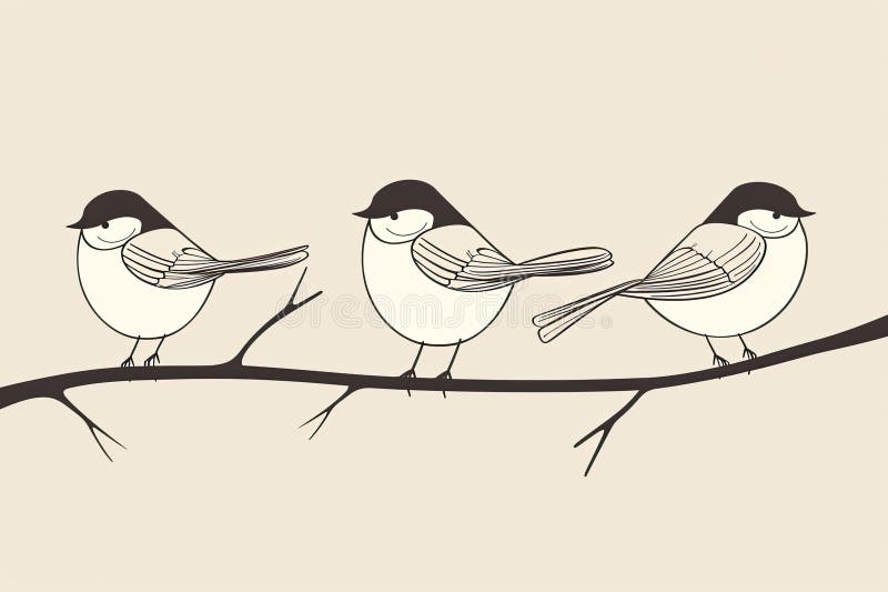 Minimalistyczne rysunki liniowe słodkich ptaków na gałęziach ustawionych na jasnym tle ilustracja wektor