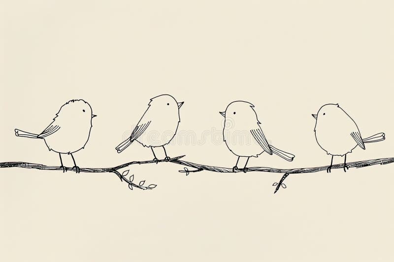 Minimalistyczne rysunki liniowe słodkich ptaków na gałęziach ustawionych na jasnym tle ilustracji