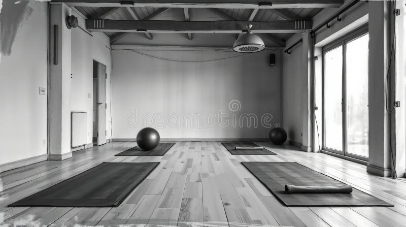 Minimalistyczne studio jogi z drewnianymi podłogami i matami generowane ai. Minimalistyczne studio jogi z drewnianymi podłogami matami jogi i piłkami ćwiczeniowymi ai generowane