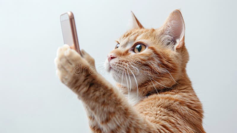 Minimalistyczny kot samolubny zabawny feline pozuje się telefonu w jasnym eleganckim projekcie ilustracja wektor