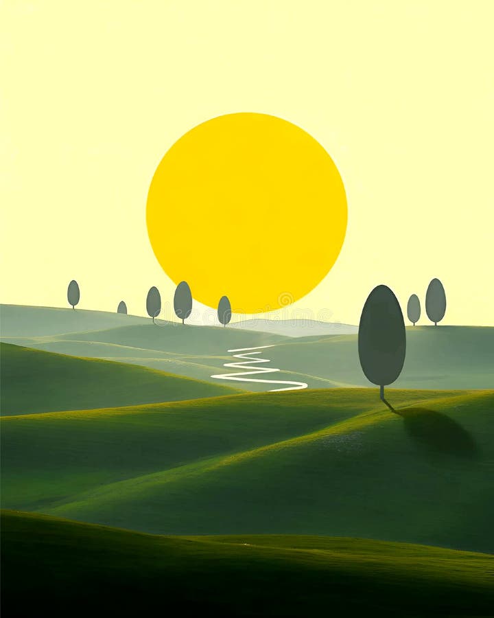 Minimalistyczny pejzaż cyfrowy z Wielkim Żółtym Słońcem i Rolling Green Hills ilustracja wektor