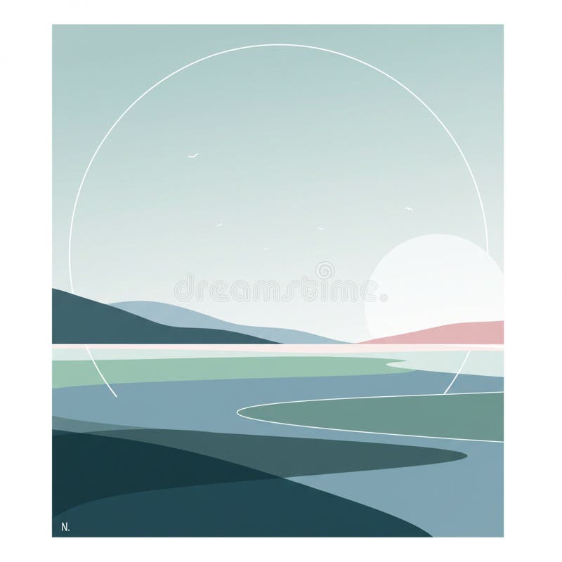Minimalna grafika cyfrowa przedstawiająca pogodny krajobraz z pastelową paletą kolorów. royalty ilustracja