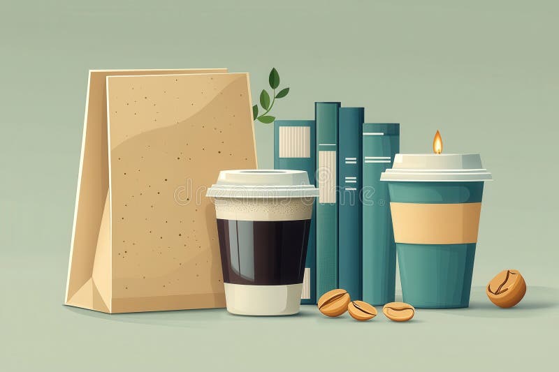 Minimalna ilustracja kubków do kawy torebki i kawy fasolowej. Płaska ilustracja prezentująca dwie filiżanki kawy stos książek fasolowych i papierowa torebka ułożona estetycznie na neutralnym tle, przedstawiająca przytulne i przemyślane obrazy idealne dla miłośników kawy i czytelników. generowane przez algorytmy sztuczne