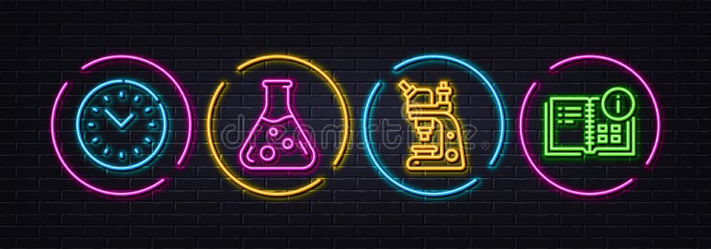 Minimalne ikony linii w laboratorium chemii mikroskopowej i zarządzaniu czasem. dla wektora drukowania aplikacji internetowej royalty ilustracja