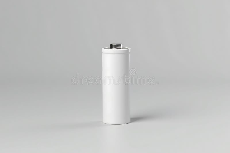Minimalt format för vit batterirengöring. Ett elegant, vitt cylindriskt batteri står ensamt mot en neutralt grå bakgrund. Dess metalltopp ger en subtil kontrast. Enkla, rena linjer visar modern design. Perfekt för minimalistisk estetik