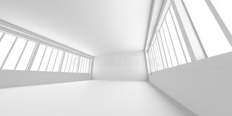 Minimalweißer Innenraum mit großen Fenstern und sauberen Linien stock abbildung