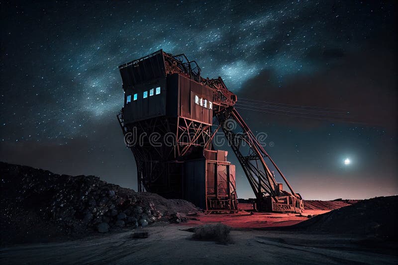 Mining Equipment and Coal Mine Shafts Against Night Sky Stock Image