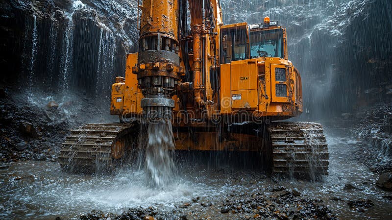 Mining excavator drilling in a wet quarry environment with water cascading down the rock face industrial machine su royalty free illustration