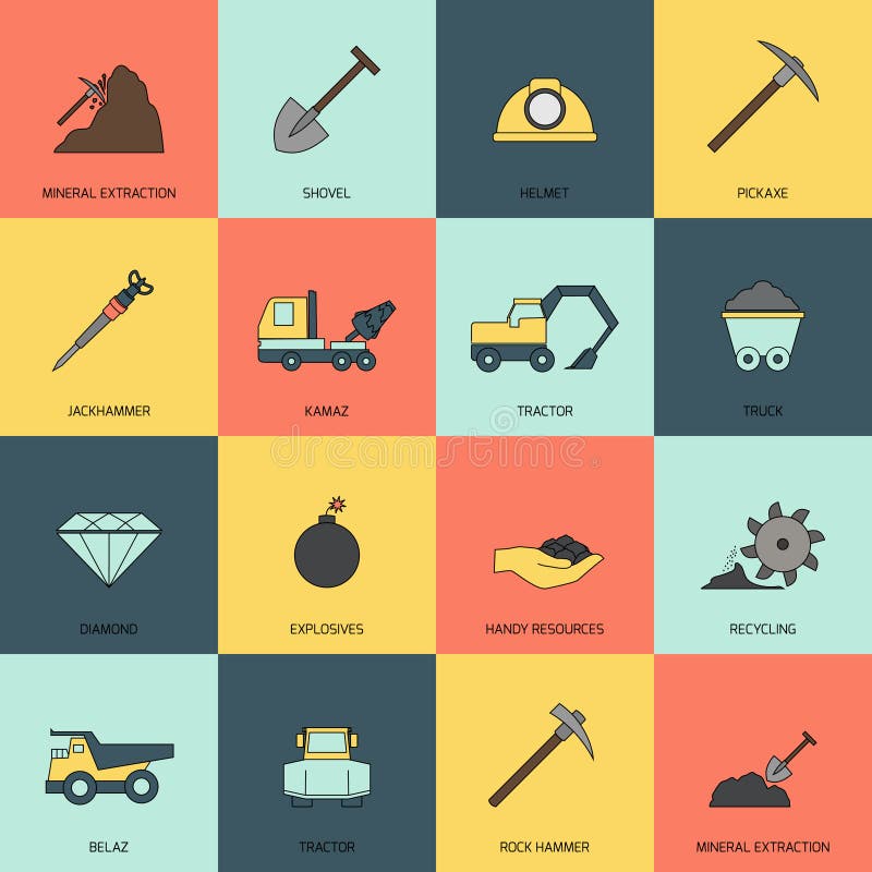 Mining icons line flat vector illustration