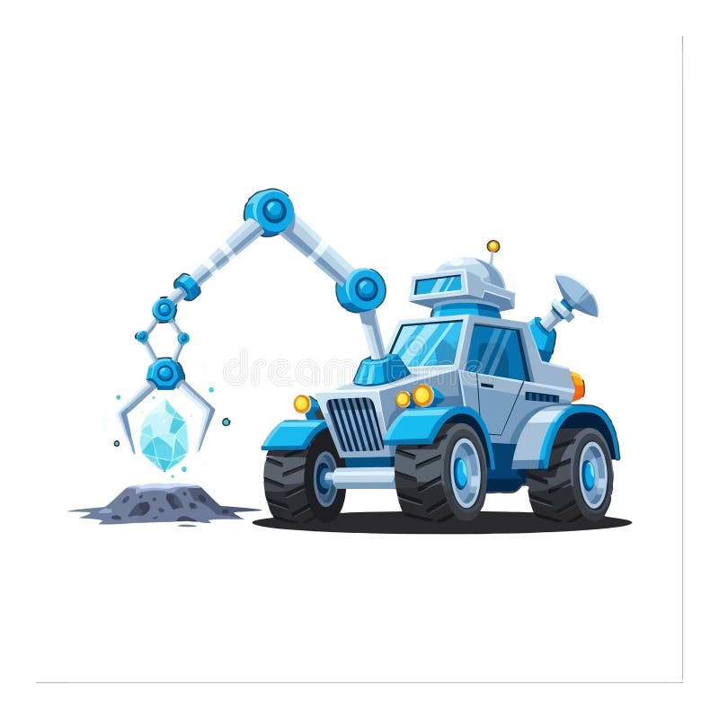 Mining robot vehicle with mechanical arm extracting crystal gem vector illustration vector illustration