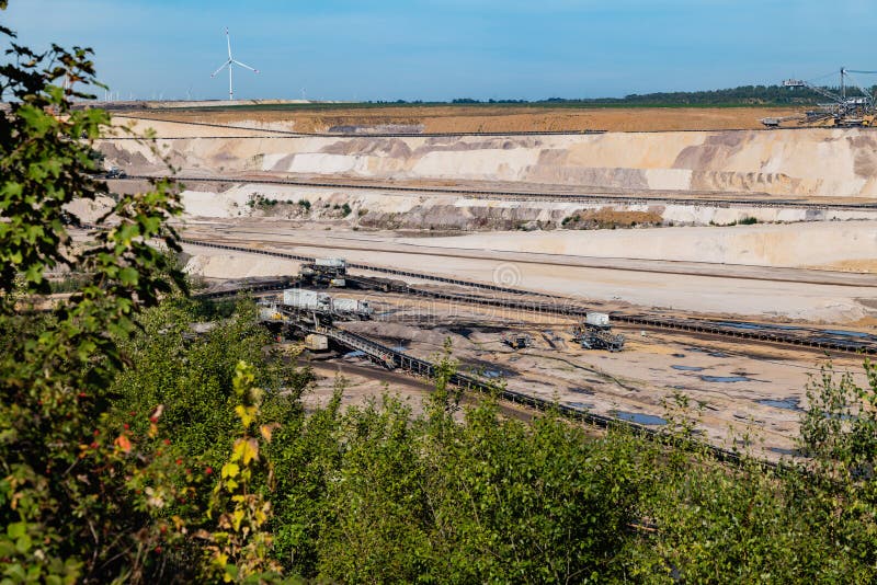 Mining site with conveyor belts stock photo