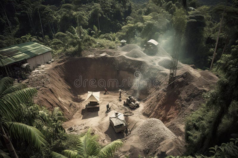 A Mining Site in the Jungle with People and Trucks. Generative Ai Stock