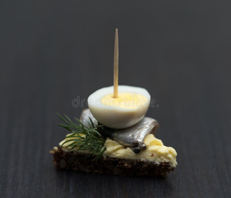 Minisandwich met zoute sprot en gesneden gekookt kwartelsei op de boterham De ingeblikte vis is Estlands nationaal voedsel Concep royalty-vrije stock fotografie Minisandwich met zoute sprot en gesneden gekookt kwartelsei op de boterham De ingeblikte vis is Estlands nationaal voedsel Concep royalty-vrije stock fotografie
