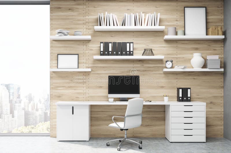 Home office with light wood panels, large writing table with workstation and multiple shelves with posters. Concept of freelancing. 3d rendering. Mock up. Home office with light wood panels, large writing table with workstation and multiple shelves with posters. Concept of freelancing. 3d rendering. Mock up.